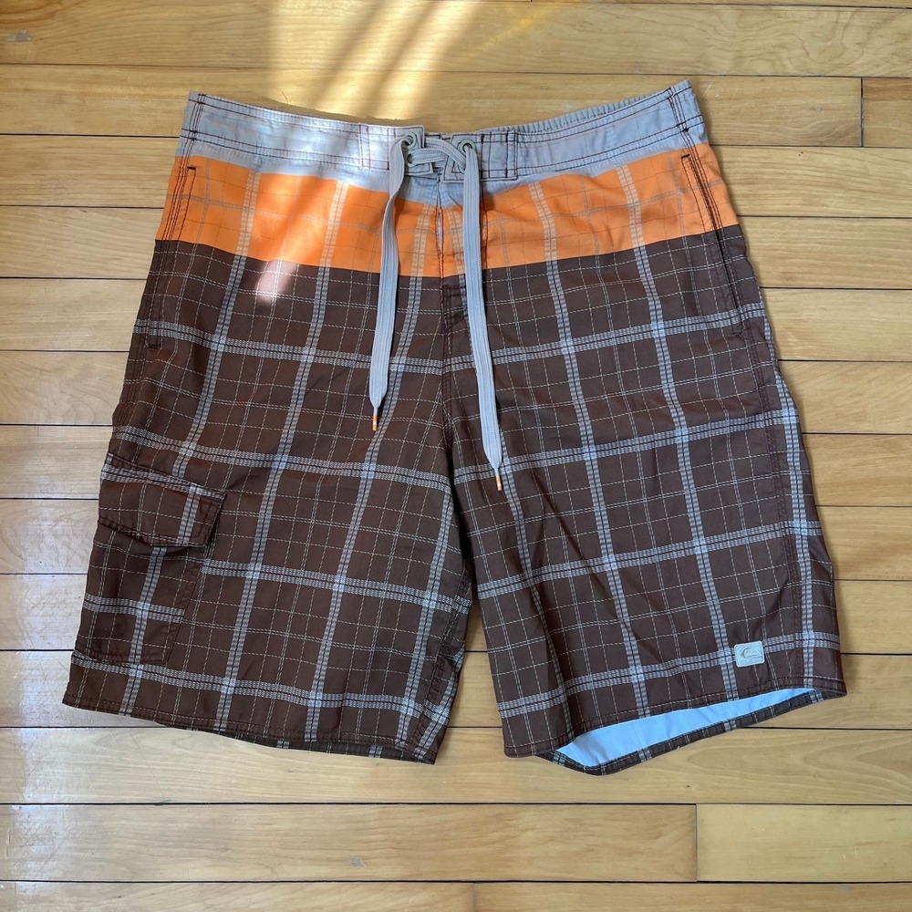 Quiksilver Mens Plaid Board Shorts Brown Orange W34 Pocket Swim Trunks Size M